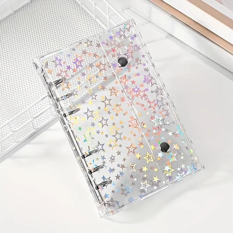 1pc Laser Star Transparent PVC Cover with 6-Ring Binder A6 Notebook, Multifunctional Color Binder for School Office, Photo Storage Bag, Document Organizer Binder
