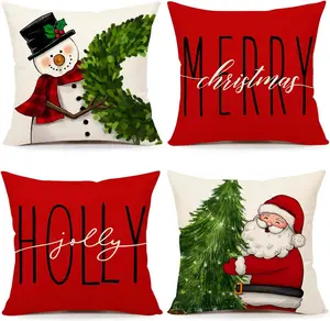 Red Christmas Pillow Covers 18x18 Set of 4 - Farmhouse Decorations With Snowman, Wreath, Santa Claus, Tree - Merry Christmas Holly Jolly Winter Holiday Decor Throw Cushion Case for Home Couch S22C17