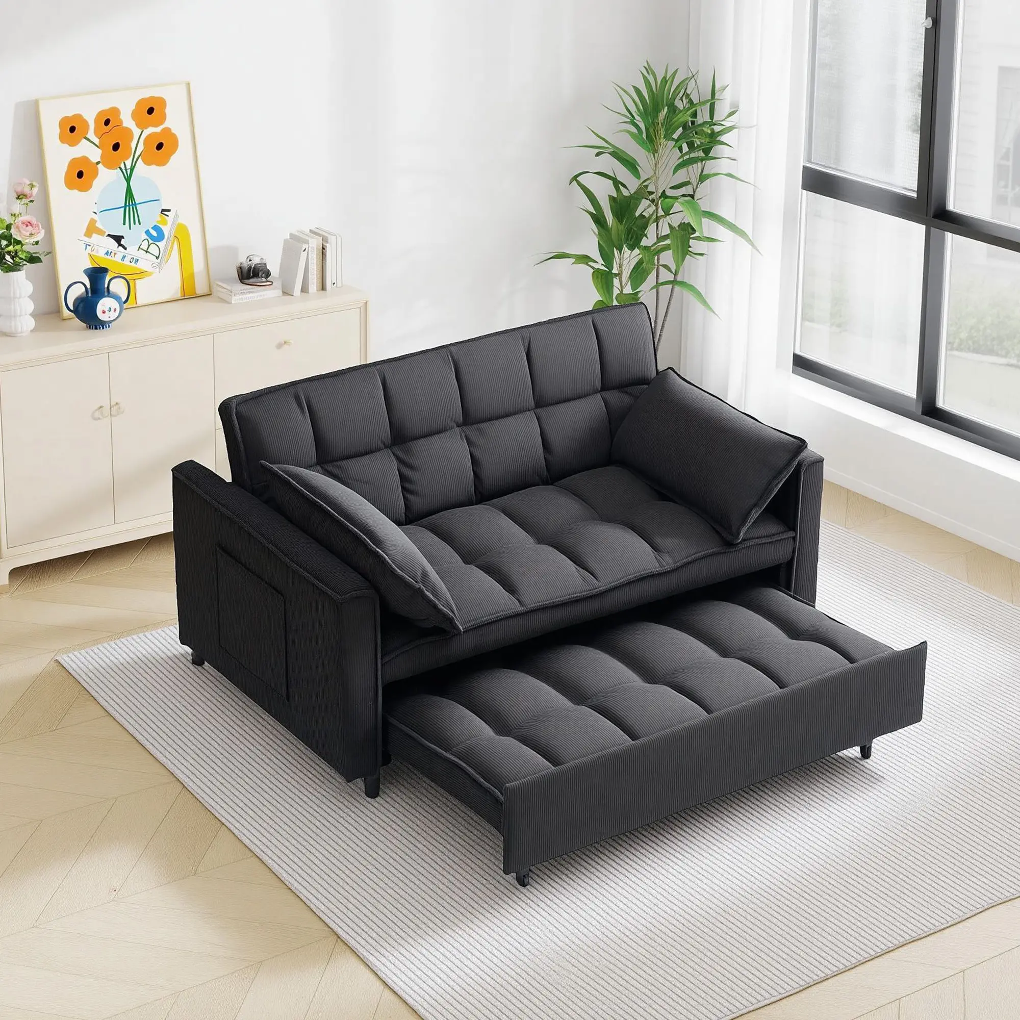 54.30-Inch Modern Black Corduroy 2-Seat Modular Sectional Sleeper Loveseat Sofa - Extendable Pull-Out Bed, Soft Texture, Assembly Required, Easy Setup Furniture for Small Living Room