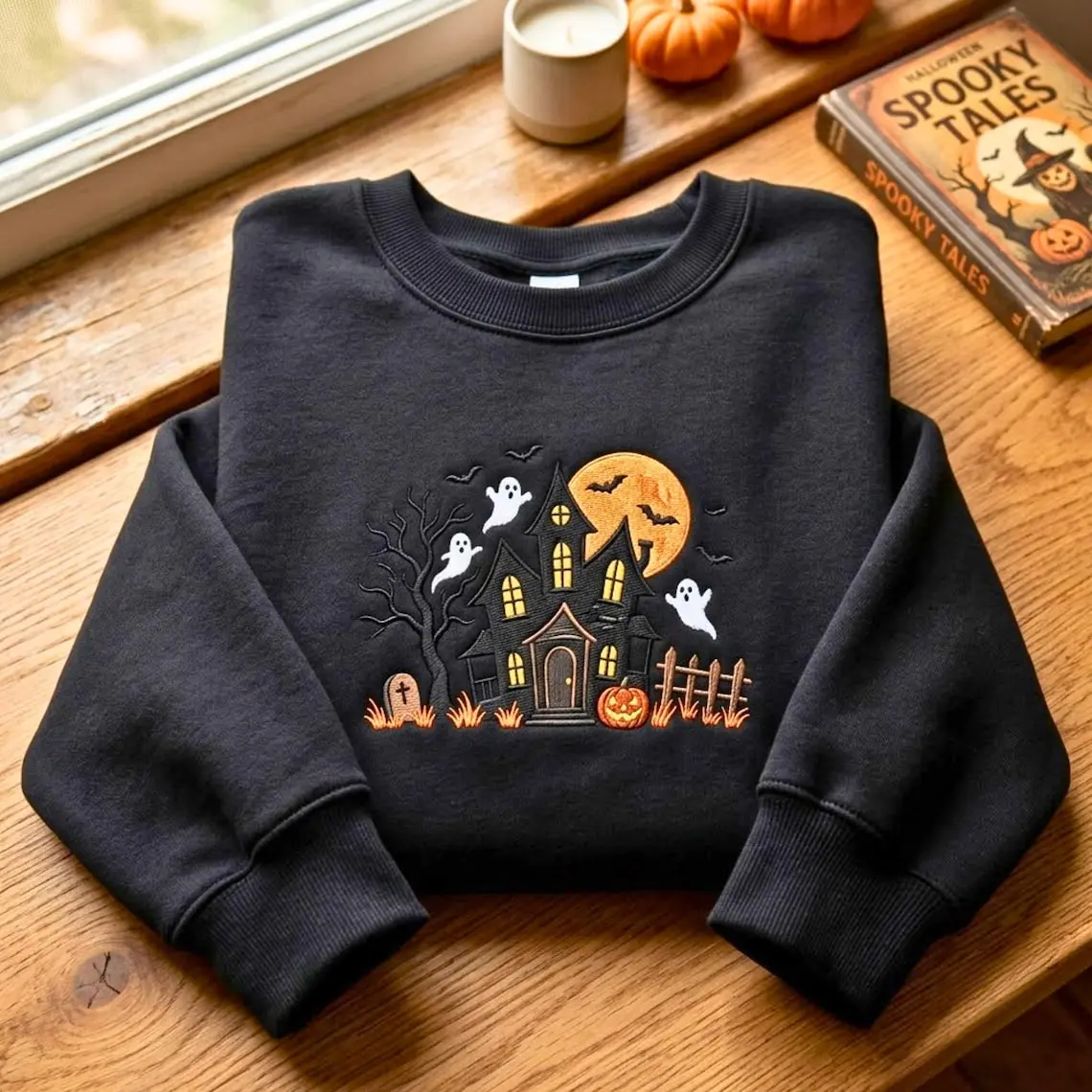 Haunted House Embroidered Sweatshirt, Ghost Halloween Crewneck, Spooky Pumpkin Sweatshirt, Cute Halloween Shirt, Fall Spooky Season Gift