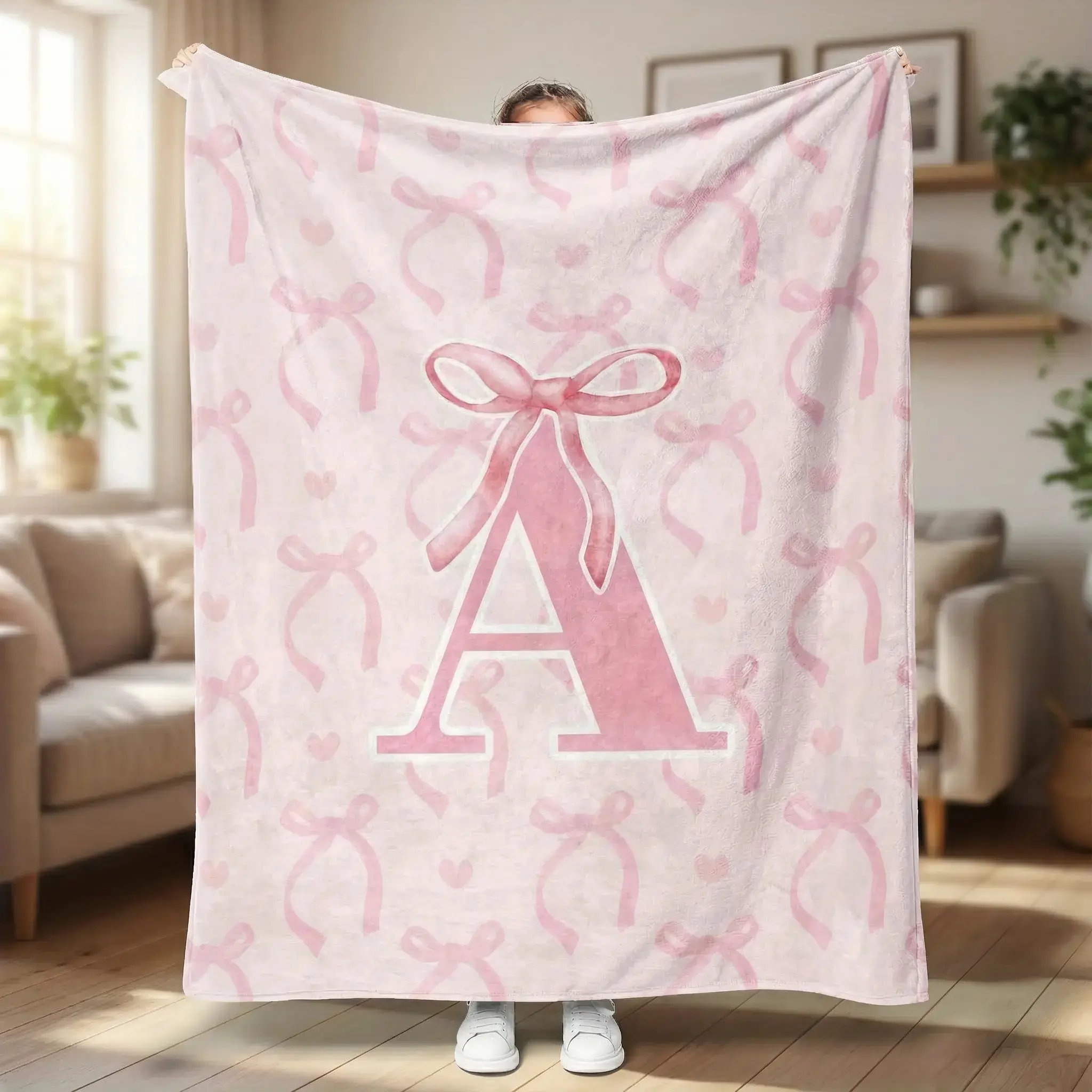 Pink Ribbon A-Z Full Alphabet Flannel Blanket with Bow Decor, Ultra Soft Warm Newborn Swaddle Throw, Sweet Keepsake Gift for Baby Girls, Available Sizes:30"×40",50"×40",50"×60",60"×80"