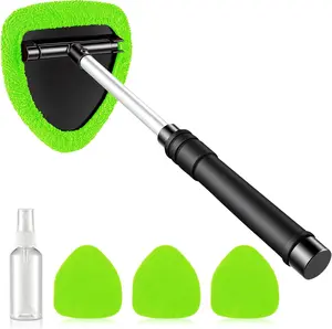 Windshield Cleaner Tool, Car Interior and Exterior Window Cleaning Kit with Extendable Handle & 4 Reusable Microfiber Pads, Auto Glass Wiper Brush Kit for Car & Home Windows