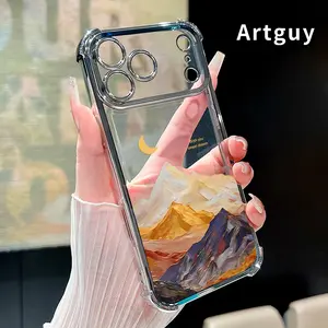 Mountain Moon Pattern Four Corner Anti-Fall Phone Case Transparent Electroplated Protective Cover for iPhone 17 Pro Max 16 Air 15 Plus 14 13 12 11 E