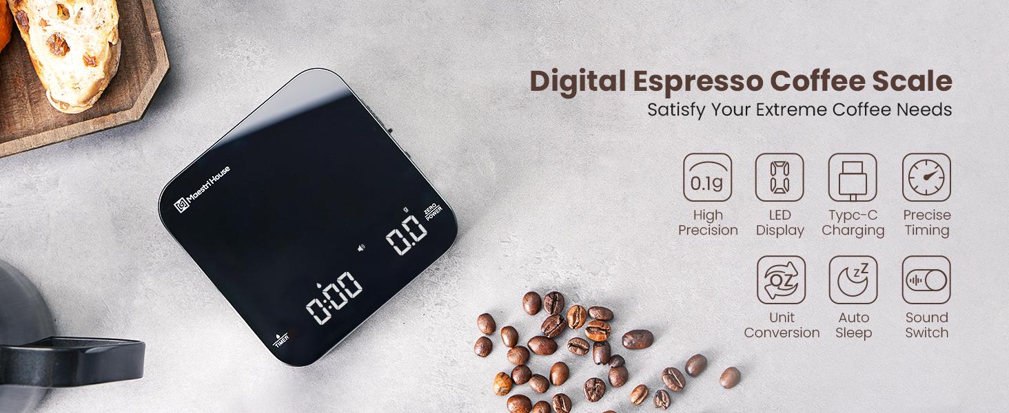 Maestri House Rechargeable Kitchen Scale, Portable Coffee Scale Digital Smart Food Scale,2kg/0.1g Accurate Glass Scale for Espresso Measuring Utensils