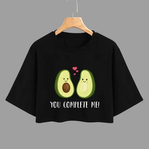 Women's Cartoon Avocado & Letter Print Round Neck Crop Tee, Fashion Casual Short Sleeve T-shirt for Daily Holiday Vacation Outdoor Wear, Ladies Clothes for All Seasons Tops, Casual T Shirts