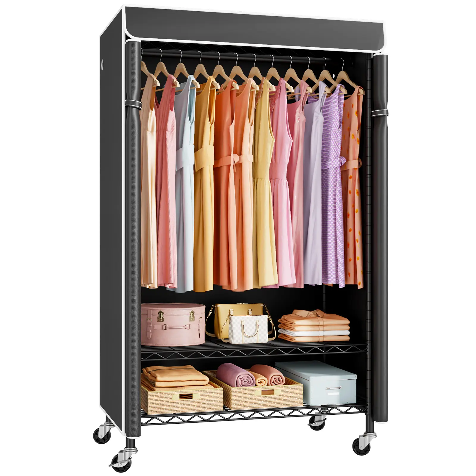 Ulif P6C Heavy Duty Carbon Steel Metal Wardrobe Closet Organizer with Dust Cover, Portable 700lb Capacity Freestanding Clothes Rack with Locking Wheels, Adjustable Black Indoor Storage Furniture, Adjustable Organizer Wardrobes