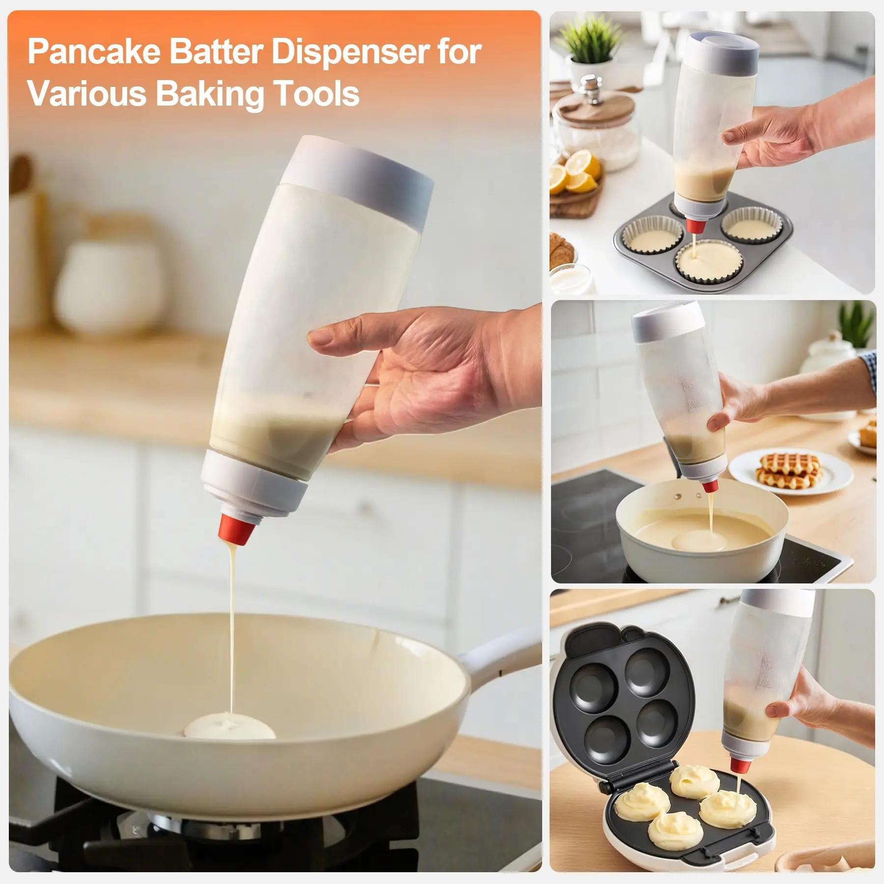 Pancake Batter Dispenser and Mixer with BlenderBall for Pancakes Waffles Muffins & Cupcakes Easy Pour Spout Reusable Plastic Silicone Kitchen Bakeware 4.5 Cup Capacity cooking utensils Value Pack Spring Kitchen Gadgets