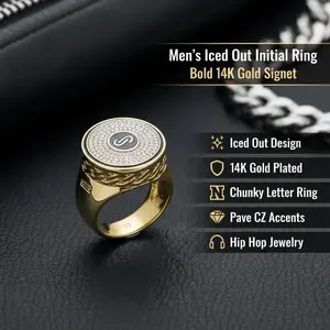 Iced Out Round Initial Signet Ring, 14K Gold Plated Chunky Letter Ring with Pave CZ, Stackable Zirconia Hip Hop Jewelry, Guys Gifts for Boyfriend Birthday, Adjustable Design