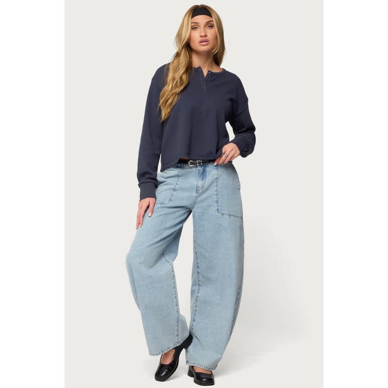 Deni Long Sleeve Henley Waffle Top