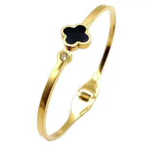 Single Clover Stainless Steel Cuff Bangle Bracelet
