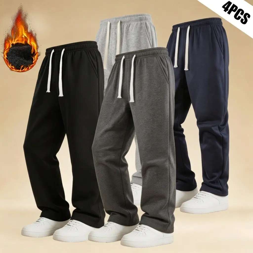 Men's 4-Pack Active Fleece-Lined Casual Pants - Polyester Fabric, Drawstring Waist, for Running, Autumn-Winter Warm Streetwear Bottoms, Active Men's Pants