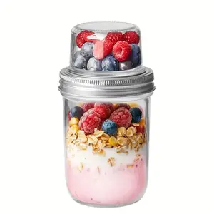 2PCS Double Layer Yogurt and Oatmeal Cups, 100+500ML Mason Jar Containers with Lids, Dry and Wet Separation Food Storage Cups for Chia Pudding Cereal Fruit Nuts and Salad, Portable for Travel and Office