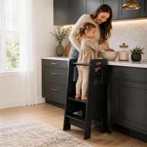 Wooden Kitchen Step Stool for Kids - Toddler Learning Tower with Adjustable Footrest, Non-Slip Stable Base