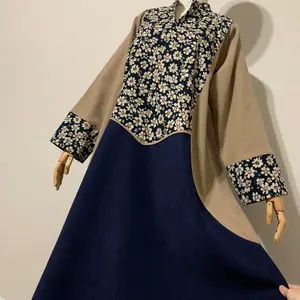 Navy Blue and Tan Floral Soft Suede Corduroy Dress / Arab Traditional Abaya