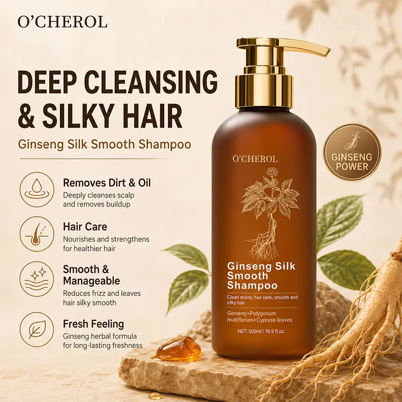O'CHEROL Herbal Unisex Ginseng Smooth Shampoo - 500ml, Oil Control, Volume-Boosting, Anti-Dandruff, Hair Loss Prevention, Nourishing, Hair Repair for Adults