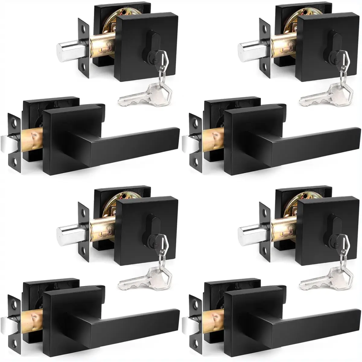 Flat Black Passage Door Lever with Single Cylinder Deadbolts Combo Pack, Modern Square Lock Set Handleset,Exterior Door Handle and Deadbolts Set,Exterior Door Lever Passage, 4 Pack
