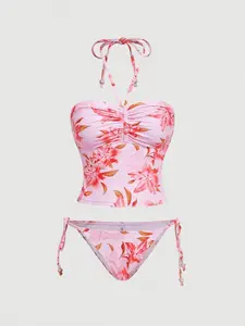 Floral Print Halter Two-Piece Swimsuit, High-Waisted Bikini Set, Sexy European Style Beachwear, Slimming Bathing Suit, Floral Bikini Top