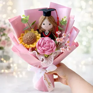 Handmade Crochet Graduation Bouquet with Cute Doll - Class of 2026 Graduation Gift, Everlasting Knitted Flower Bouquet for College High School Graduate