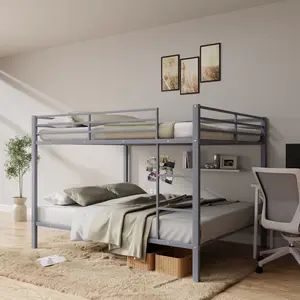 Full Over Full Heavy Duty Metal Bunk Bed | High Safety Guardrail | Built-in Ladder | No Box Spring Needed | Gray | For Kids Teens Dorm