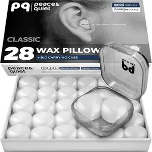 PQ Wax Ear Plugs for Sleeping - 28 Silicone Wax Earplugs for Sleeping and Swimming, Gel Ear Plugs for Noise Cancelling, Sound Blocking Level of 32 Db (28 Pillows), Color: White
