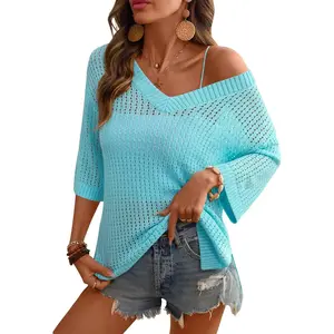 Women's Crochet V Neck Beach Cover Up 3/4 Sleeve Hollow Out Knitted Pullover Sweater