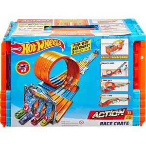 Hot Wheels Toy Car Track Set, Race Crate Transforms into 3 Different Builds, Includes Storage & 2 Cars in 1:64 Scale (Exclusive)