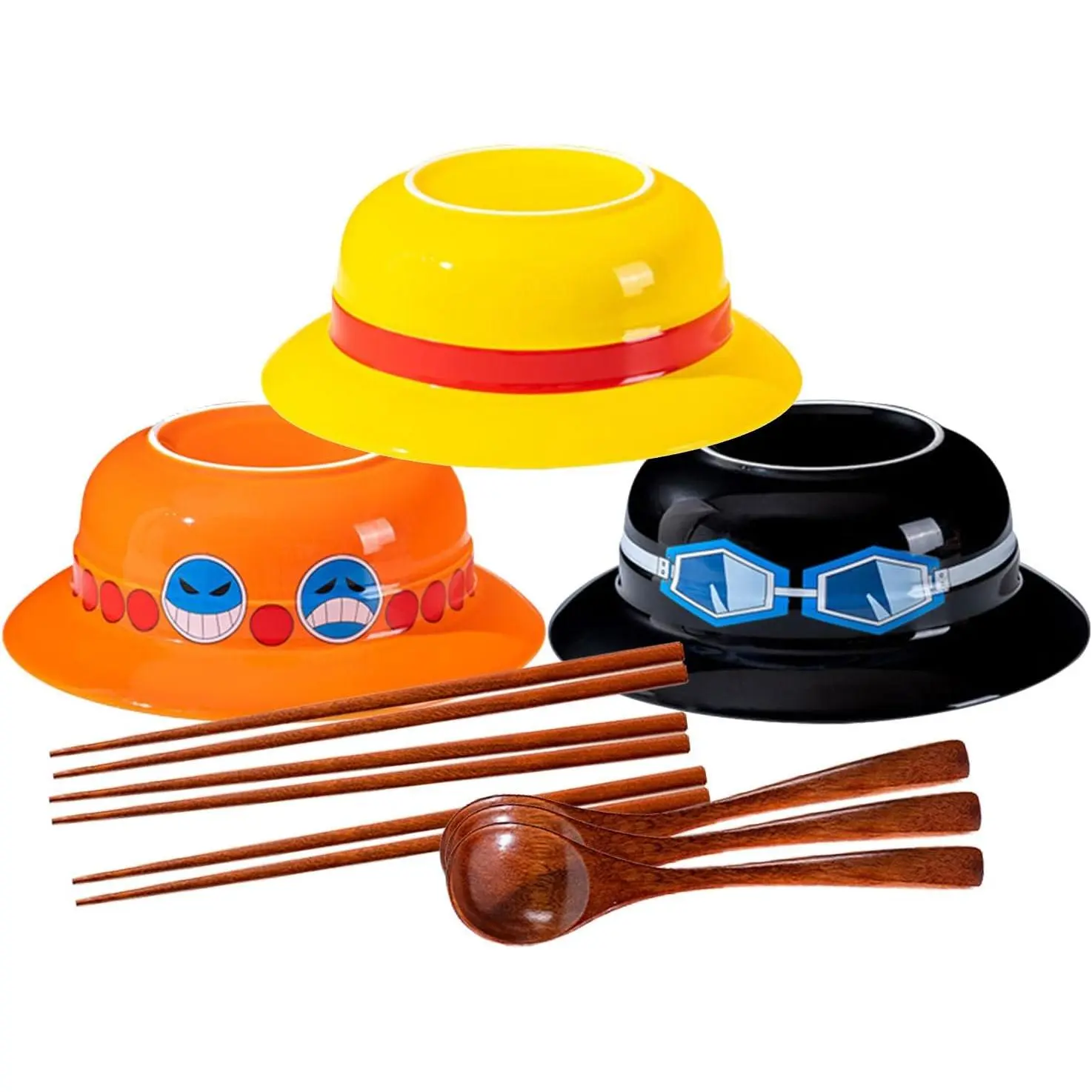 One Piece Luffy Ace Sabo Fan Gifts Straw Hat Ramen Bowl (Ceramic Bowl + Wooden Spoon + Chopsticks) for Anime Fans