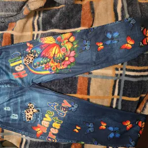 Girls' 3-Pack Stretchy Denim-Look Pants, Butterfly, Cartoon Girls, Cars & Floral Prints, Easy Pull-On Waistband, Great for Outdoor Bike Riding, Perfect Princess Gift