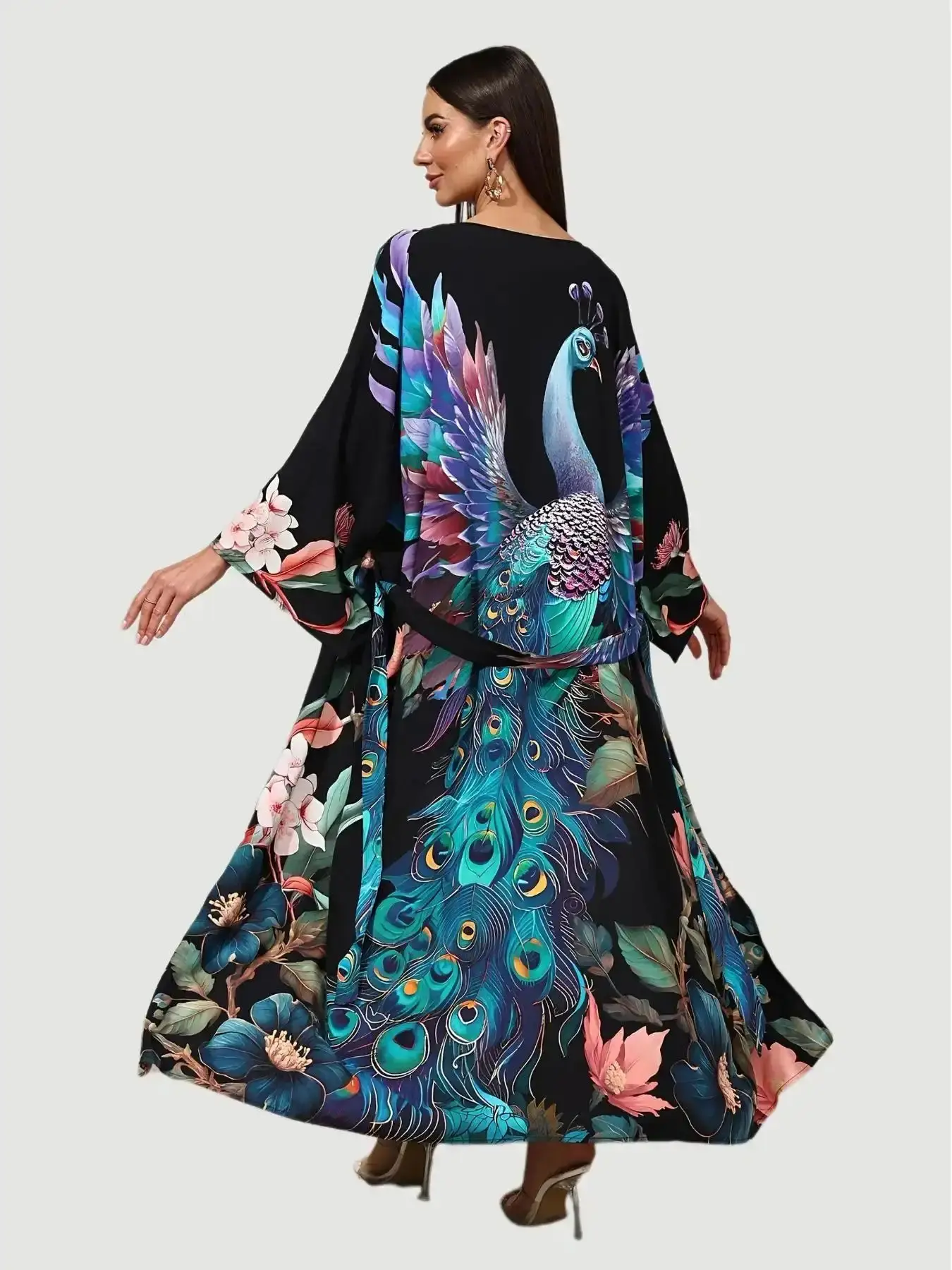 Women's Peacock Print Kimono Cover Up, Casual Long Sleeve Open Front Cover Up for Beach Holiday Vacation, Ladies Swimwear for All Seasons, Beach Day, Flattering Fit, Swimming, Island Style, Island Style, Travel Ready