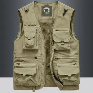 Khaki Multi-Pocket Sleeveless Work Vest Outdoor Functional Quick-Dry Waistcoat Casual Hiking Photography Loose Fit Lightweight Breathable Camping Trekking Trendy Style