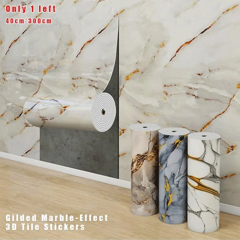 1 Roll of Marble-Patterned Self-Adhesive Wallpaper — Thickened, Waterproof, and Oil-Resistant Wall Decal. Easy to cut and capable of covering damaged walls. Dimensions: 15.75 x 118 inches. Suitable for living room TV walls, kitchens, and bathrooms.
