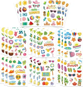24 Sheets Summer Pool Beach Stickers Luau Hawaii Sun Stickers Beach Watermelon Beer Ice Cream Pineapple Sticker for Hawaii Tropical Party Decoration Sticker Summer Holiday Party Favors