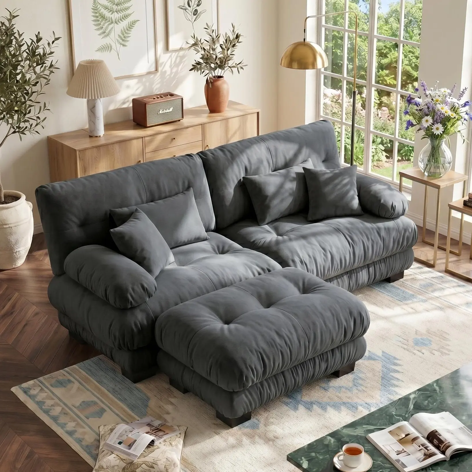 Eyisean 94.4" Width Chenille Fabric Tufted Modular L-Shaped Sectional Sofa - 2-Person Oversized Modern Loveseat with 59.6" Ottoman, Round Armrests, 4 Pillows, Sponge Cushioning, Lumbar Support, Free Combination for Living Room, Cotton, Tufted Sofa