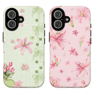 FL-Pink Lily & Green Gingham Phone Case,Coquette Cottagecore Floral Protective Cover For iPhone 11 12 13 14 15 16 17 Air Pro Max for Samsung S26 S25 S24 S23 S22 S21 Case,Gift for her/him