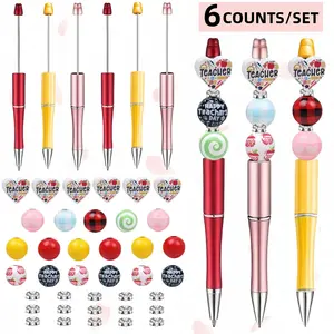 Teacher's Day Gift, 6/12pcs/set DIY Beaded Ballpoint Pen Set, Creative Writing Pen with Heart Apple & Teacher Letter Bead, Office Stationery & Supplies, Funny Teacher Pens, Aesthetic Pens