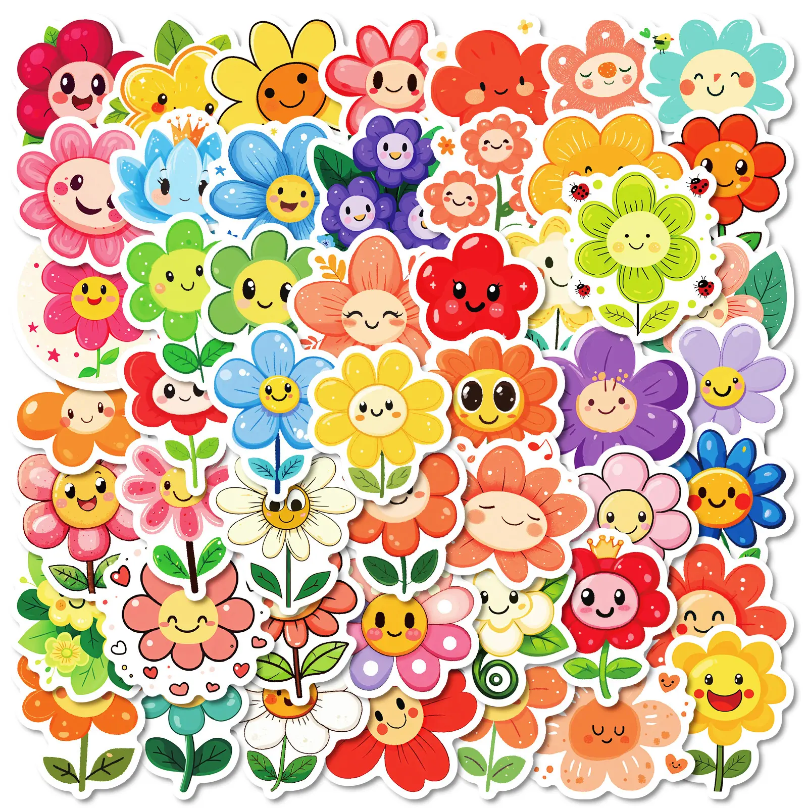 50 Colorful Cartoon Smiley Face and Flower Stickers, Suitable for Scrapbooks, Diaries, Laptops, Water Bottles, Cars, and Other Faith-based Designs—gifts with Positive Messages.