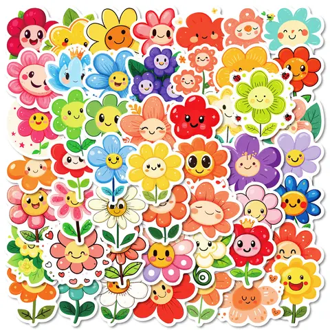 50 Colorful Cartoon Smiley Face and Flower Stickers, Suitable for Scrapbooks, Diaries, Laptops, Water Bottles, Cars, and Other Faith-based Designs—gifts with Positive Messages.