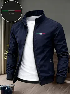 Men's Italian Flag Print Stand Collar Jacket, Durable Casual Zipper Outerwear, Business Style Outdoor Sports Coat, Perfect Gift