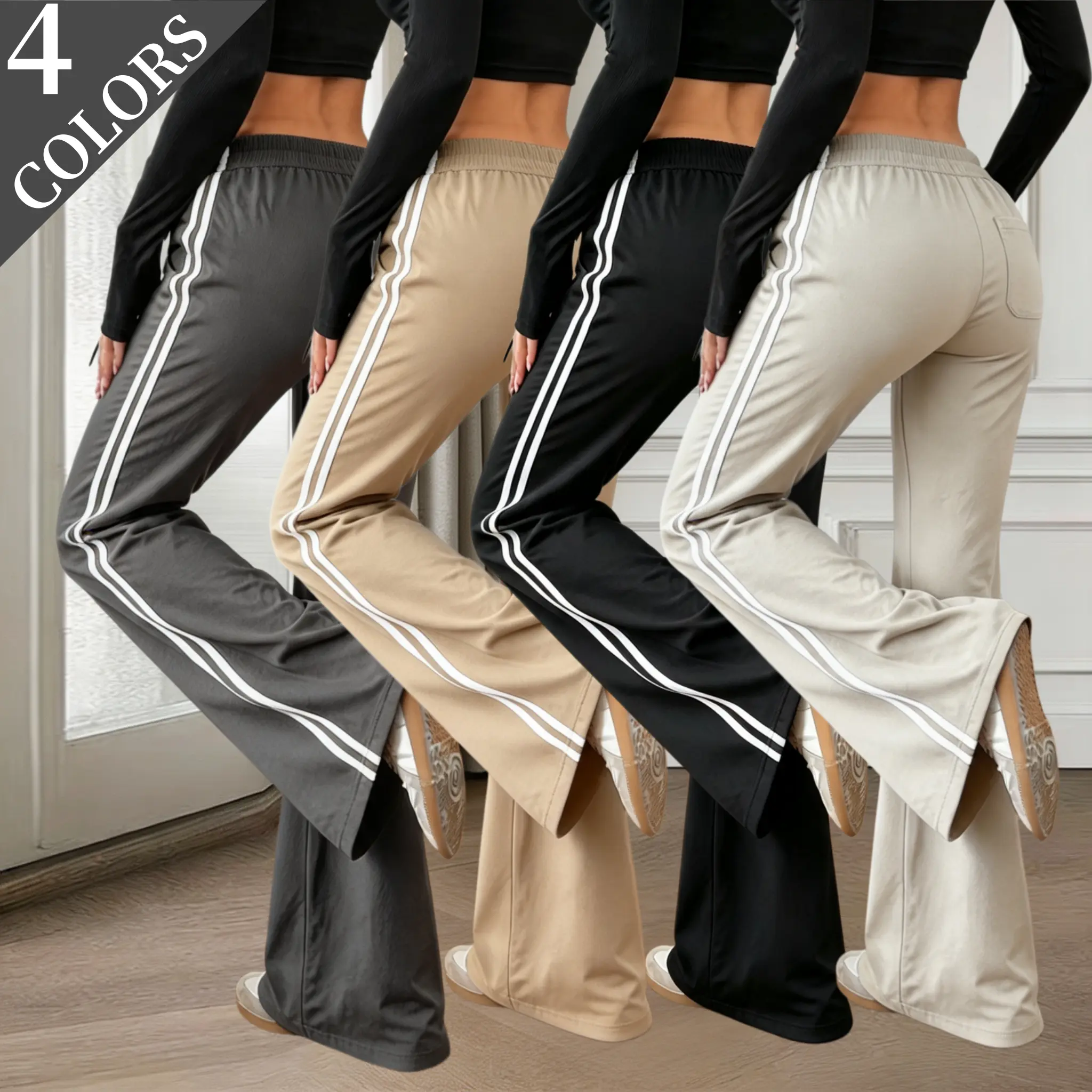Women’s sweatpants with side stripes and a slight flared design, featuring white side stripes that create a slimming, leg-lengthening effect. Casual flared pants for outdoor wear, made from soft, highly elastic, breathable fabric—ideal for yoga and fitnes