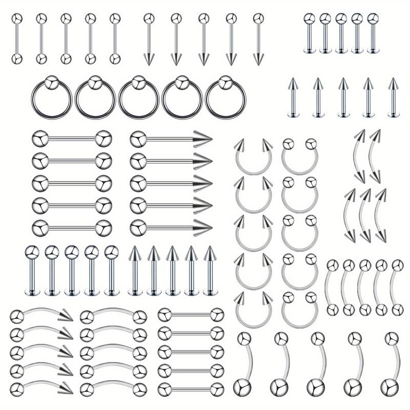 85PCS Classic Eyebrow Nail, Nose Ring, Nose Nail, Tongue Nail, Navel Nail, Septum Clicker，Eyebrow Puncture Nail Set Stainless Steel Mixed Nose Ring Nose Stud Jewelry Piercing Set Body Piercing Jewelry