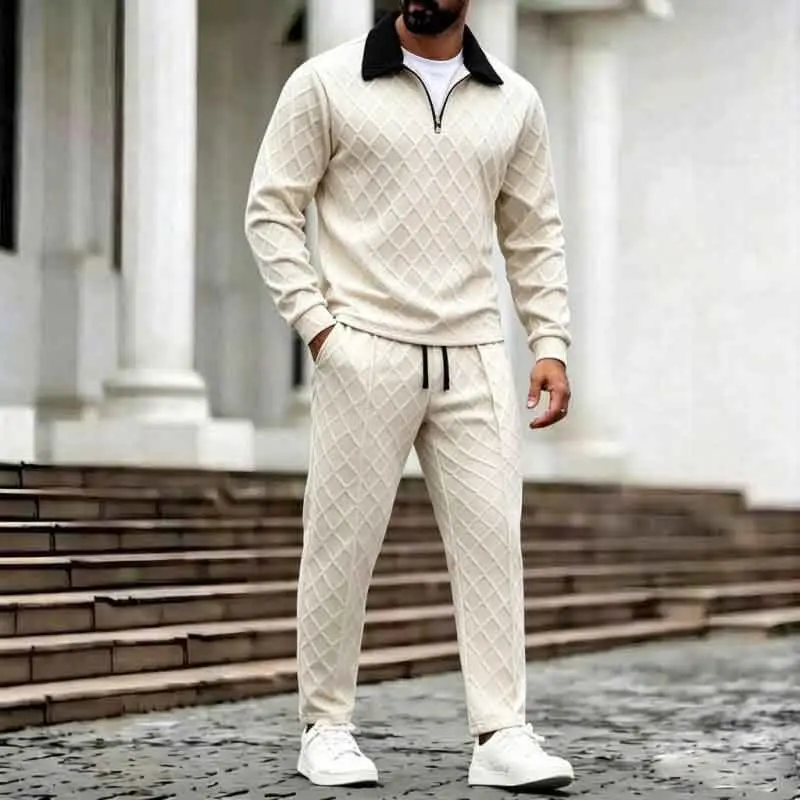 Men's Khaki 2-Piece Clothes Set - Half-Zip Long-Sleeve Polo Shirt & Joggers, Diamond Texture Jacquard Fabric, Contrast Collar, Elastic Drawstring Waist, Pockets, Loose Fit, European-American Luxury Casual Style