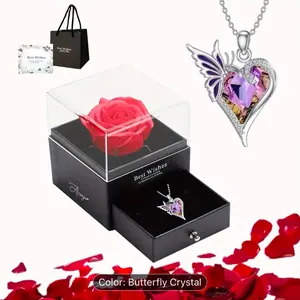 Imitation Red Rose With Heart Shaped Pendant Necklace - Eternal Flowers Rose Gifts For Mom, Grandma, Wife, Girlfriend - Romantic Gifts For Birthday, Anniversary - From Boyfriend