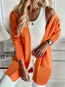 Women's Fall Winter Casual Plain Color Long Sleeve Cardigan Sweater, Elegant Drop Shoulder Open Front, Perfect for Outdoor Wear and Holiday Parties