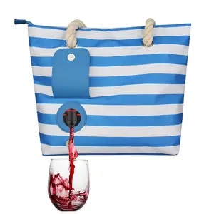 Beach Wine Bag - Blue & White Striped Tote with Rope Handles & Wine Bottle Holder for Summer Beach Days Stylish Design Comfortable Carry