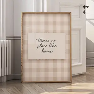 There’s No Place Like Home Art, Cozy Neutral Print, Farmhouse Quote Poster, Minimal Gingham Wall Decor, Unframed