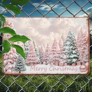 1pc Vintage Pink And Green Christmas Trees Metal Tin Sign, Merry Christmas Holiday Wall Decor, Iron Construction, 8X12 Inches, for Home, Room, Restaurant, Bar, And Bedroom Decoration