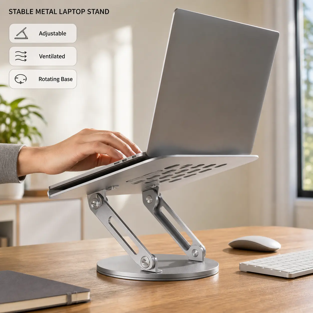 Foldable Laptop Stand with 360° Rotating Round Base, Adjustable Aluminum Laptop Riser with Dual-Shaft Support, Open Ventilation Design and Non-Slip Pads for College Dorm, Study Desk and Home Office