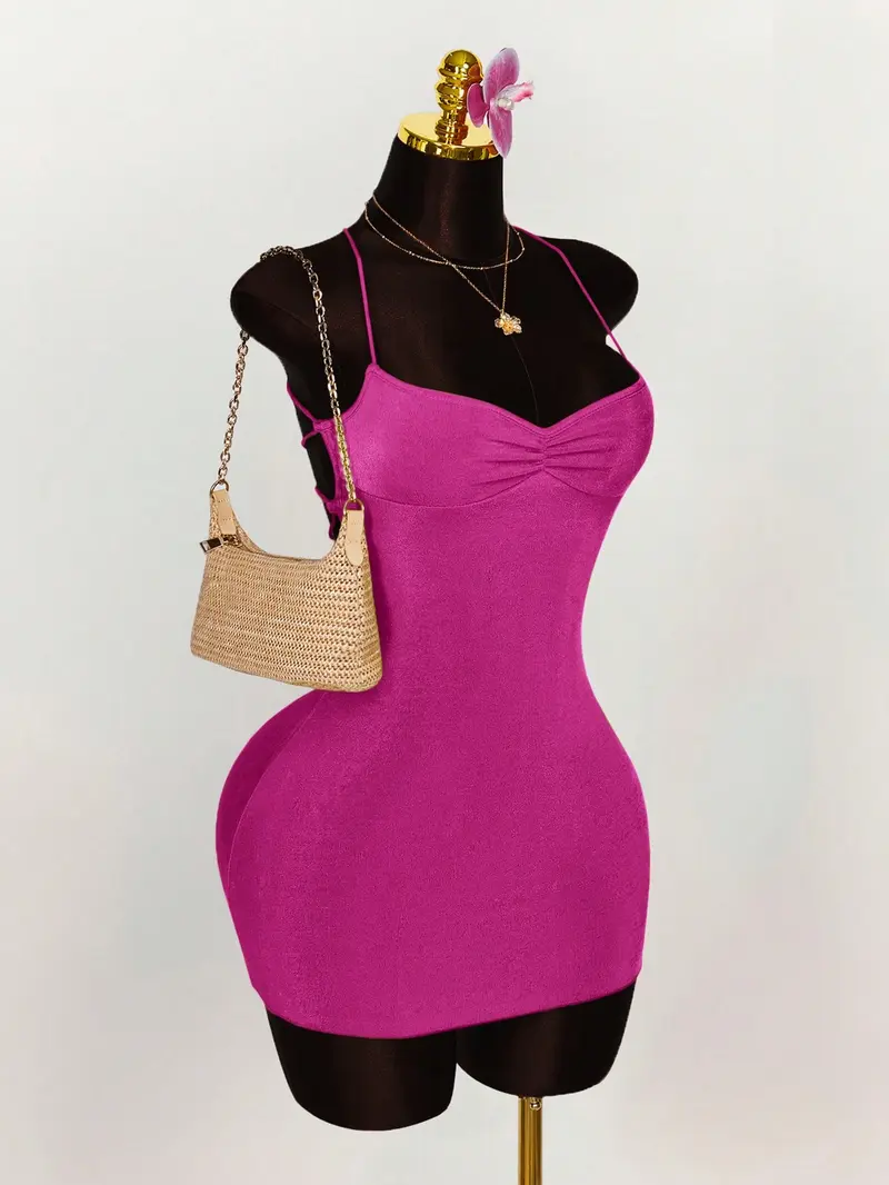 ruched backless mini dress in pink Tie Backless Lace Spliced Ruched Bust Mini Dress, Pink / XS