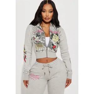 Ed Hardy Rose And Sword Zip Front Hoodie - Heather Grey H