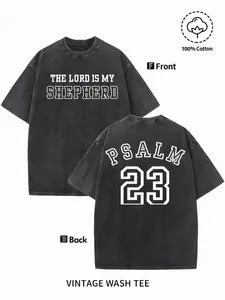 Men's Vintage Psalm 23 Verse T-Shirt - The Lord Is My Shepherd Apparel, 230g Soft Washed Cotton Crew Neck Short Sleeve, Religious Poetry Clothing for Church & Casual Wear